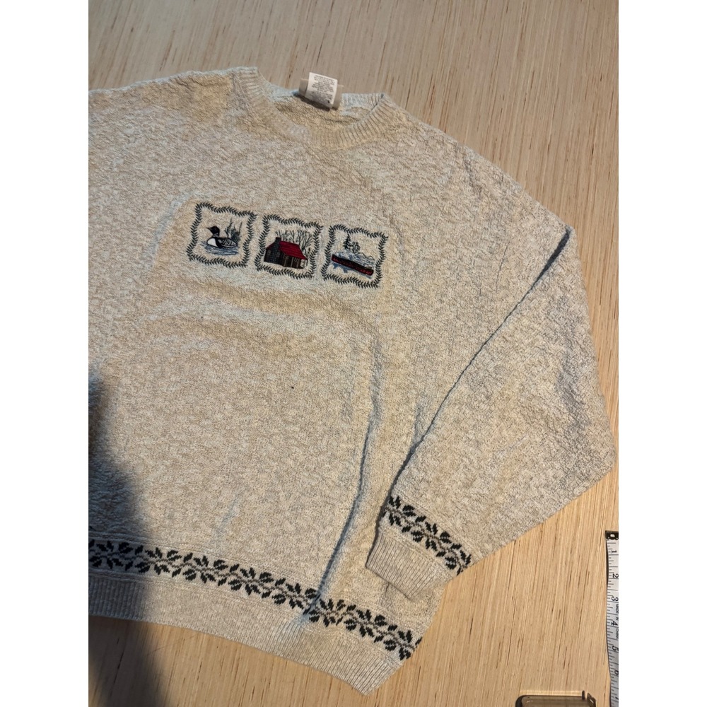 Northern Reflections Vintage Embroidered Cabin Loon Sweater Mens L Oatmeal 44